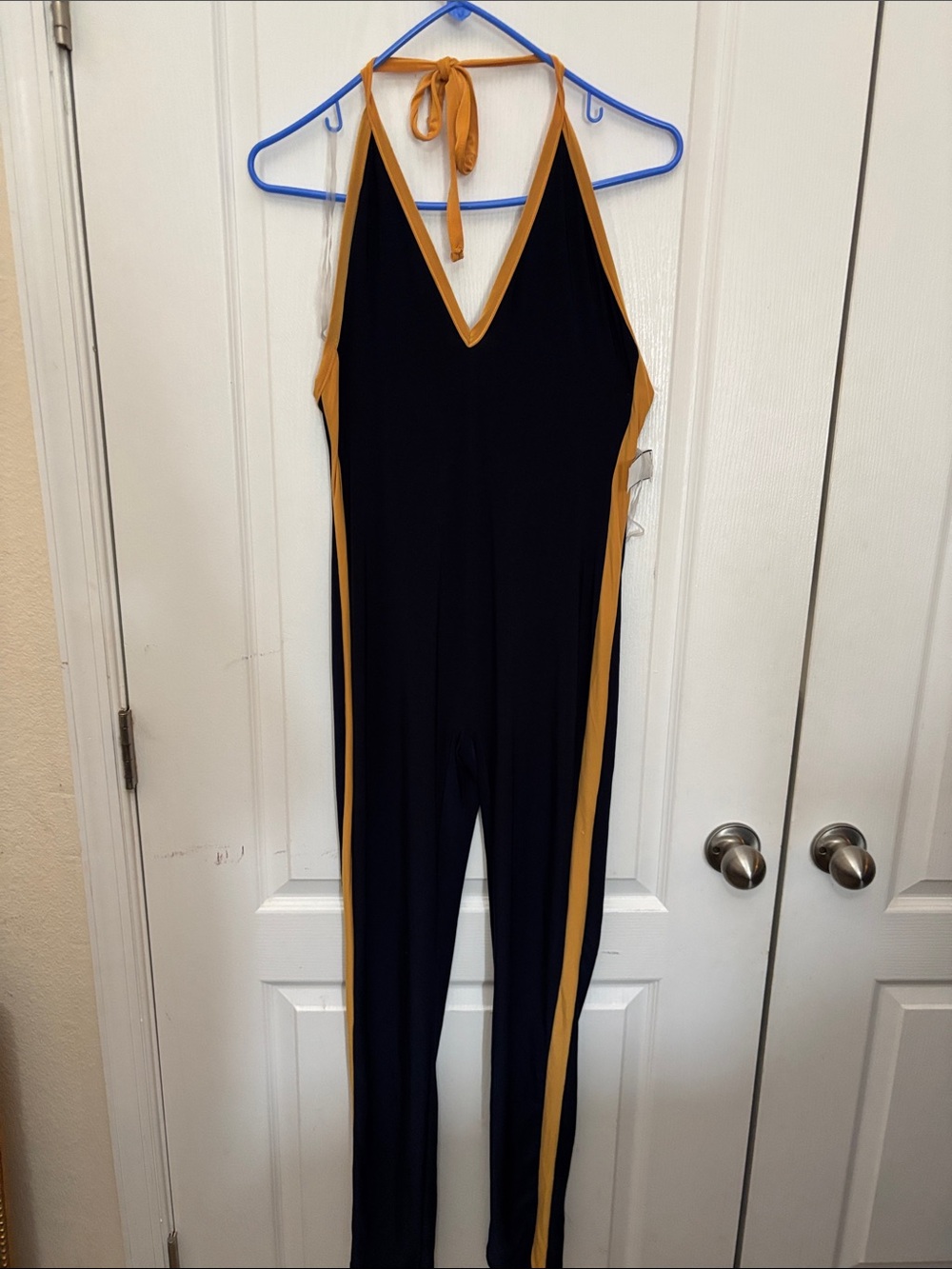 UPTOWN V-Neck Navy/Gold Skinny Sleeveless Jumpsuit Stretch Size L NWT